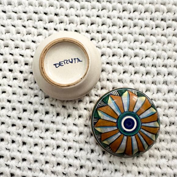 Deruta Signed Miniature Ceramic Sunburst Starburst Lidded Trinket Round Box - Picture 6 of 6